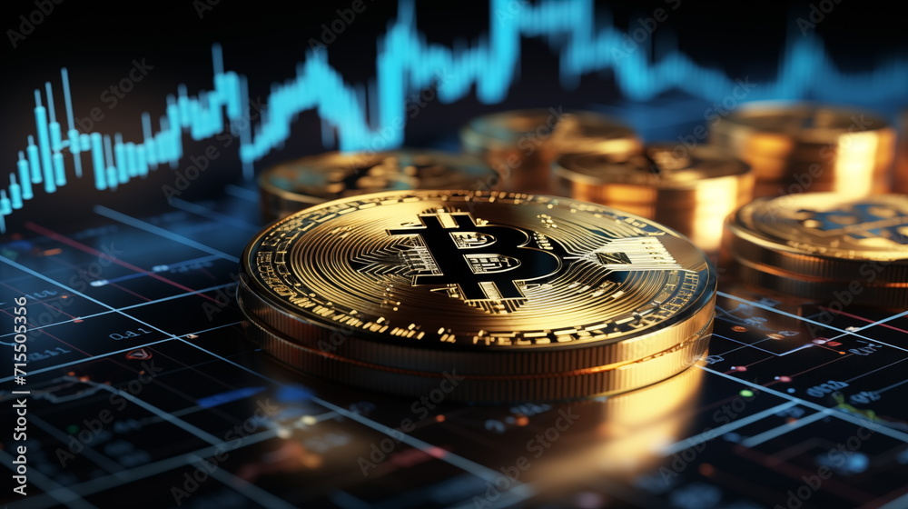 3D gold Bitcoin on price candlestick chart background. Dark trading ...