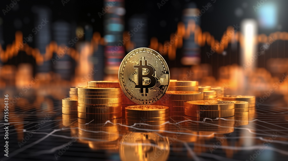 3D gold Bitcoin on price candlestick chart background. Dark trading ...
