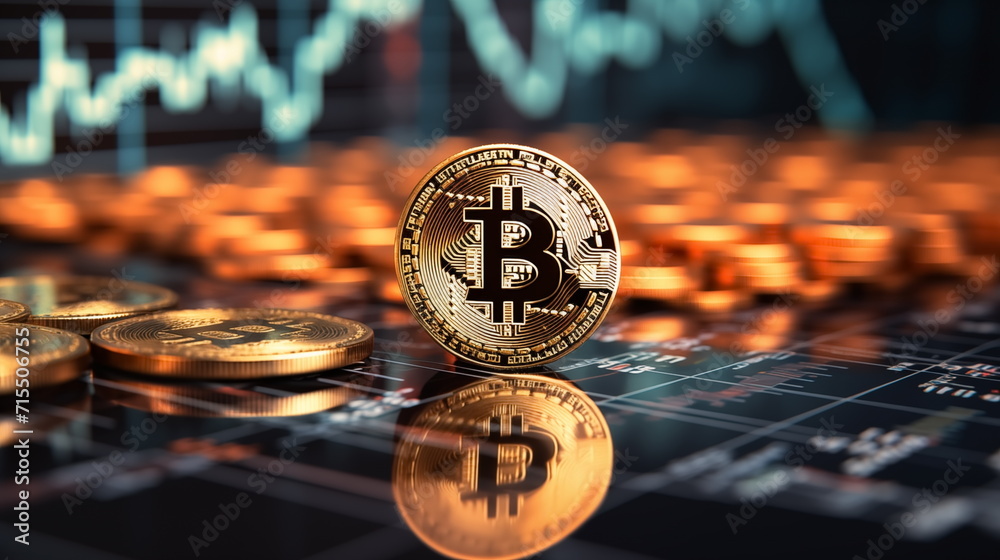 3D gold Bitcoin on price candlestick chart background. Dark trading ...