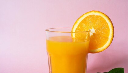 Wall Mural - a glass of orange juice with a slice of orange on a pink background minimal aesthetic beverage concept