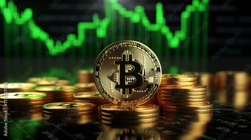 3D gold Bitcoin on price candlestick chart background. rising up ...