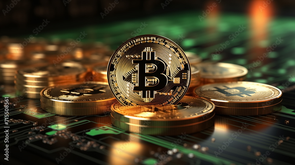 3D gold Bitcoin on price candlestick chart background. rising up ...