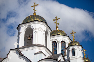 White Christian church against a blue sky