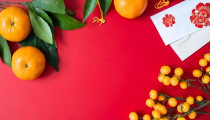 Wall Mural - chinese new year red packet envelope flowers mandarins festival decorations on red background flat lay top view