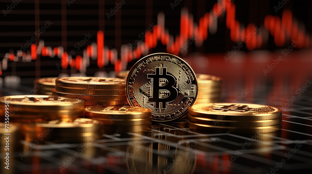 3D gold Bitcoin on price candlestick chart background. Market crash ...