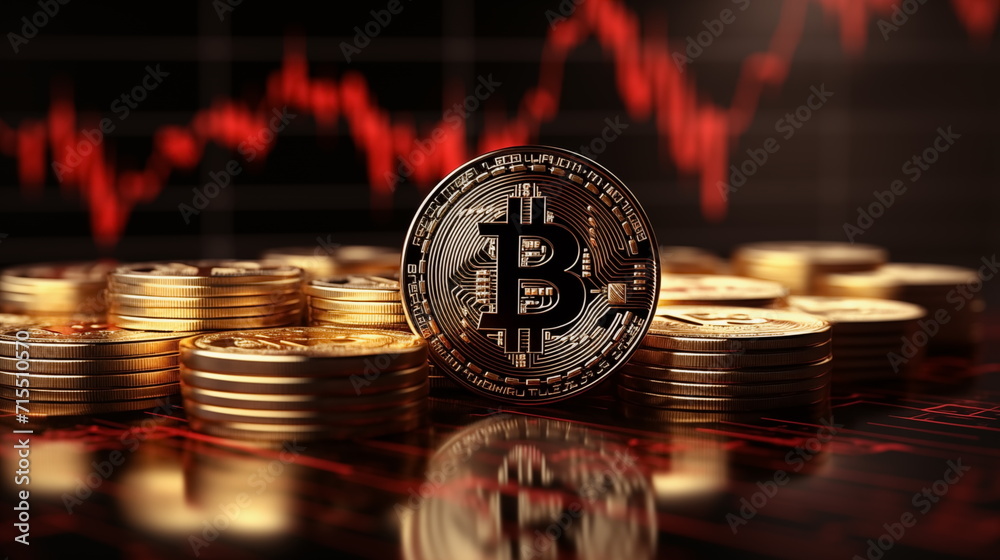 3D gold Bitcoin on price candlestick chart background. Market crash ...
