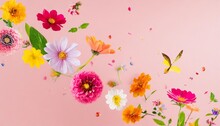 Colorful Flowers Fly On A Pink Background Summer And Spring Aesthetic Nature Concept