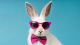 Fototapeta  - funny easter concept holiday animal celebration greeting card cool easter bunny rabbit with pink sunglasses and bow tie isolated on blue background
