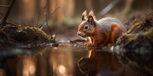 Cute Young Squirrel Over Puddle Of Water In Autumn Forest