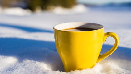 Wall Mural - winter background yellow cup with hot coffee or tea stand on the snow outdoor at sunny day with cold weather outdoors