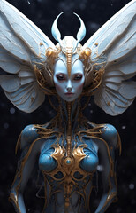 Wall Mural - Beautiful female magic butterfly Alien character. Alien Concept. Hybrid reptile character on futuristic background