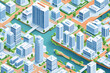 Isometric city map with business living and industrial districts urban and suburban areas paper white buildings and river. Real estate plan. 