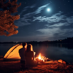 Wall Mural - camping tent river coast night