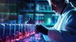 scientist holding medical testing tubes or vials of medical pharmaceutical research with blood cells and virus cure using DNA genome sequencing biotechnology as wide banner hologram, Generative Ai