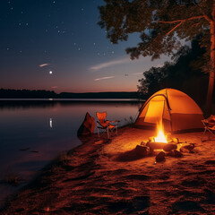 Wall Mural - camping tent river coast night