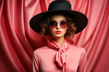 Close-up portrait of a stylish woman in a pink blouse and a pink hat, wearing sunglasses.