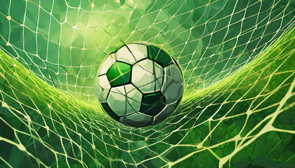 Wall Mural - soccer ball in goal net, green background art design