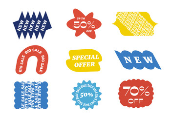 Abstract minimalist labels with trendy geometric shapes. Sale shopping modern stickers. Discount prices