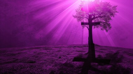 Wall Mural - Surreal Ash Wednesday Tree Shadow Cross. A conceptual image capturing Ash Wednesday with a stark tree shadow forming an ash cross on the ground, set against a surreal purple sky