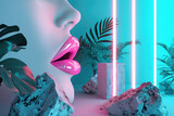 Fototapeta  - Surreal fashion composition in neon light, female head with tropical leaves, pieces of concrete and stones