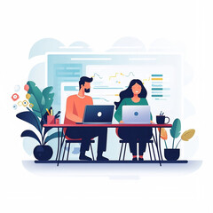 Design a man and woman programming together in Office 