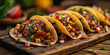 Mehrere Tacos auf einem Holzteller mit Toppings