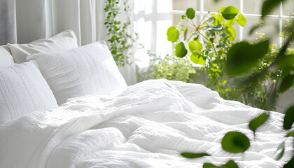 Wall Mural - Close up of bed with white bedding, pillow and duvet against home greenery. Scandinavian interior design of modern bedroom