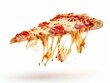 © CG Design - Delicious pepperoni pizza slice flying in the air with ingredients and melted mozzarella. Isolated on white background
