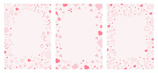 Aufkleber - Set of flyers in Memphis style in pink color. Memphis style border sheets with geometric shapes and light pink hearts. Design of pages for text. Set of templates.