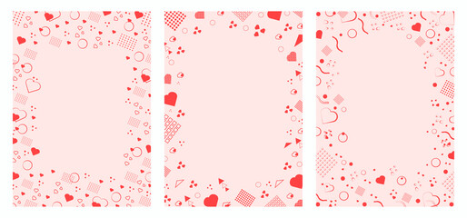 Aufkleber - Set of flyers in Memphis style in pink color. Memphis style border sheets with geometric shapes and color hearts. Design of pages for text. Set of templates.