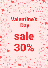 Aufkleber - Poster with Memphis style frame with geometric shapes and red hearts. Text sale 30 percent. Design of pages for text. Set of templates.
