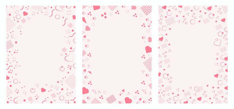 Set of flyers in Memphis style in pink color. Memphis style border sheets with geometric shapes and light pink hearts. Design of pages for text. Set of templates.
