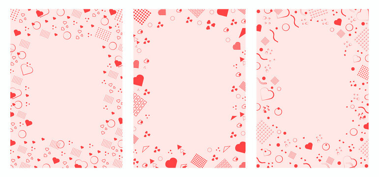 Set of flyers in Memphis style in pink color. Memphis style border sheets with geometric shapes and color hearts. Design of pages for text. Set of templates.