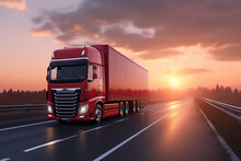 Truck With Container On Highway. Cargo Transportation At Sunset With Motion Effect.
