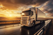 Semi trailer. Truck on the road, highway. Transports, logistics concept. 3d rendering. Truck with container on highway, cargo transportation concept. Shaving effect.