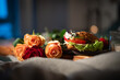 Romantic breakfast with roses on bed. Background for valentins day ore mothers day with space for text.