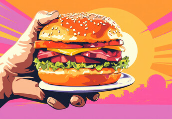 Wall Mural - Delicious Cheeseburger Meal on Sesame Seed Bun with Tasty Beef, Melted Cheese, Fresh Lettuce, Tomato, Onion, and Savory Sauce - Fast Food Heaven