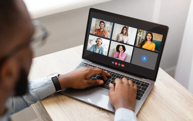Aufkleber - Black man worker have webcam group conference with his coworkers