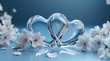 Two Glass Hearts With White Flowers Blue Background