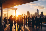Fototapeta  - Elegant Evening Networking Event on Rooftop Terrace with City Skyline at Sunset, Corporate Social Gathering Concept