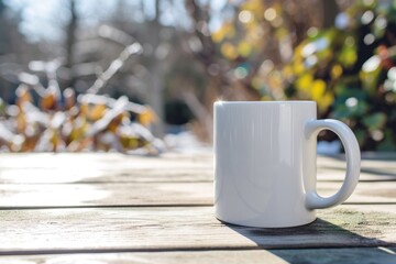 Wall Mural - White mug on wooden table, Winter scene, Blurred background.