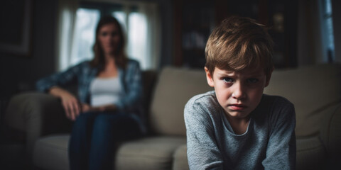 A portrait of a troubled young boy with a look of concern, with a blurred figure of a parent behind.