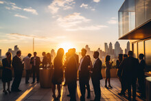 Elegant Evening Networking Event On Rooftop Terrace With City Skyline At Sunset, Corporate Social Gathering Concept