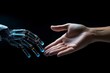 Human and robot touching their fingers in blue background generative AI technology
