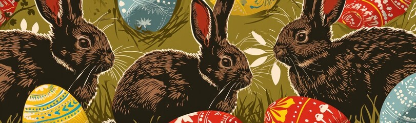 Wall Mural - Easter bunnies and easter eggs background