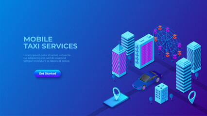 Aufkleber - Mobile taxi service design concept with smartphone, car and city. Dark blue isometric vector illustration