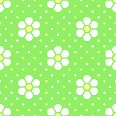 Wall Mural - White flowers on green polka dot background. Vector seamless pattern. Best for textile, wallpapers, home decoration, wrapping paper, package and your design.