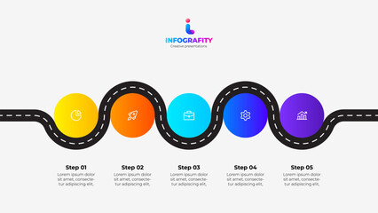 Poster - Road timeline infographic with 5 steps, options or processes