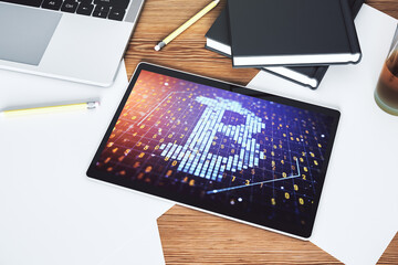 Aufkleber - Creative Bitcoin concept on modern digital tablet display. Top view. 3D Rendering