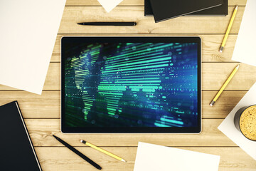 Poster - Top view of modern digital tablet display with abstract graphic world map, big data and networking concept. 3D Rendering